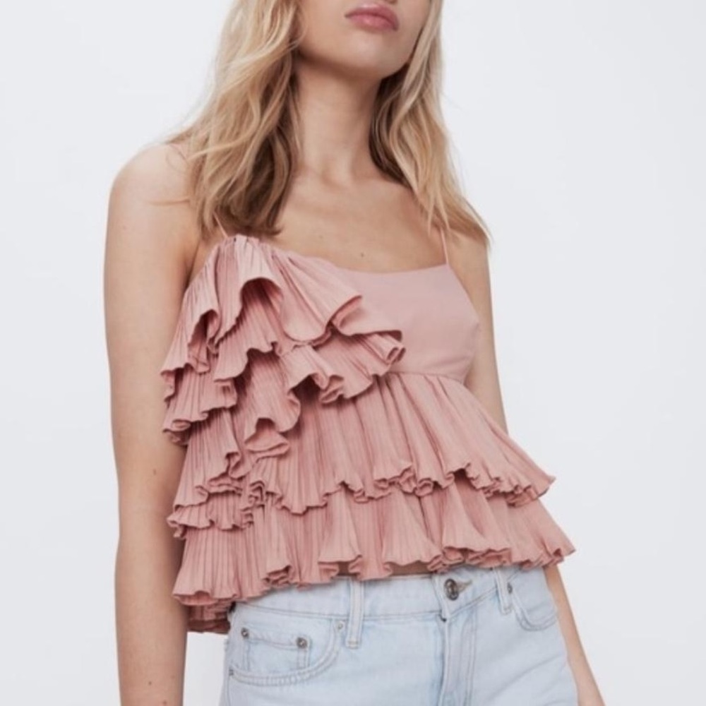 Zara Pink Pleated Ruffle Tank Top